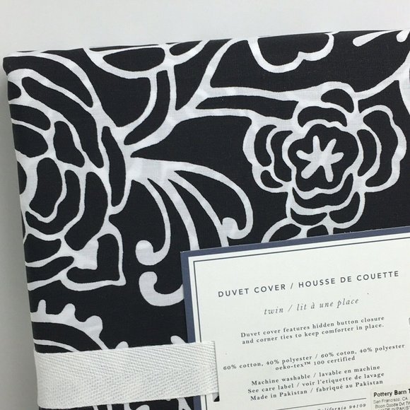 Pottery Barn Teen Dorm Duvet Cover Twin Bloom Doodle Black White Cotton Floral - Picture 6 of 12